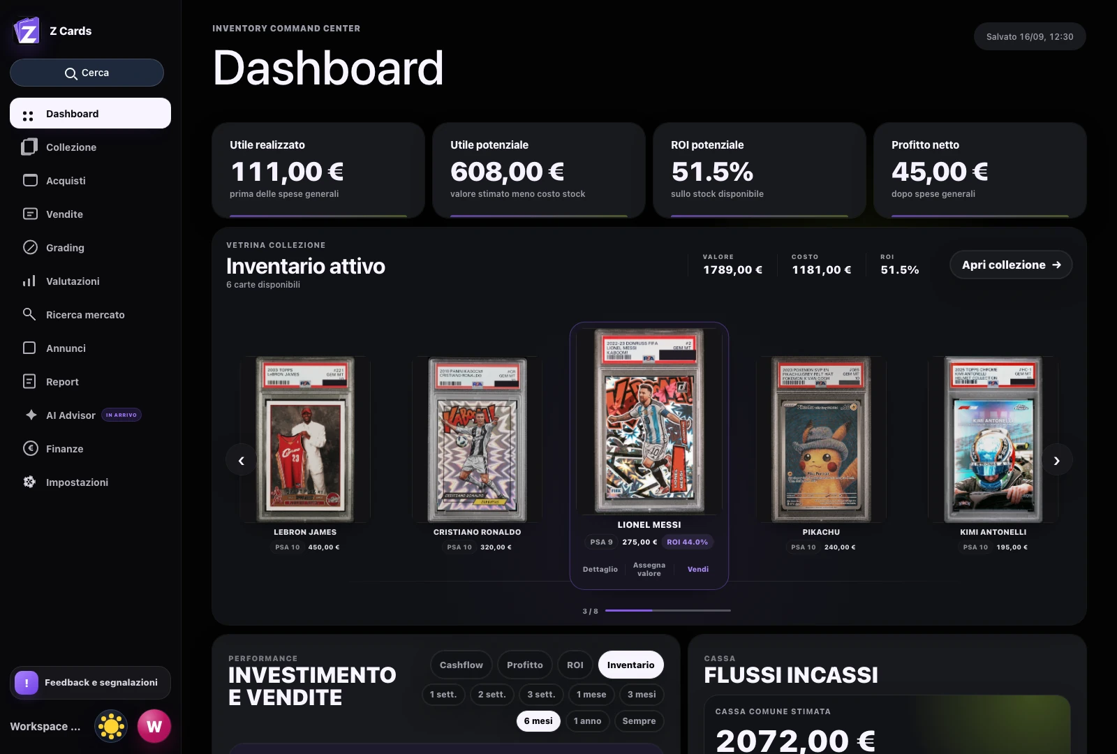Dashboard reale Z Cards con utile realizzato, valore dello stock e cassa di un workspace dimostrativo