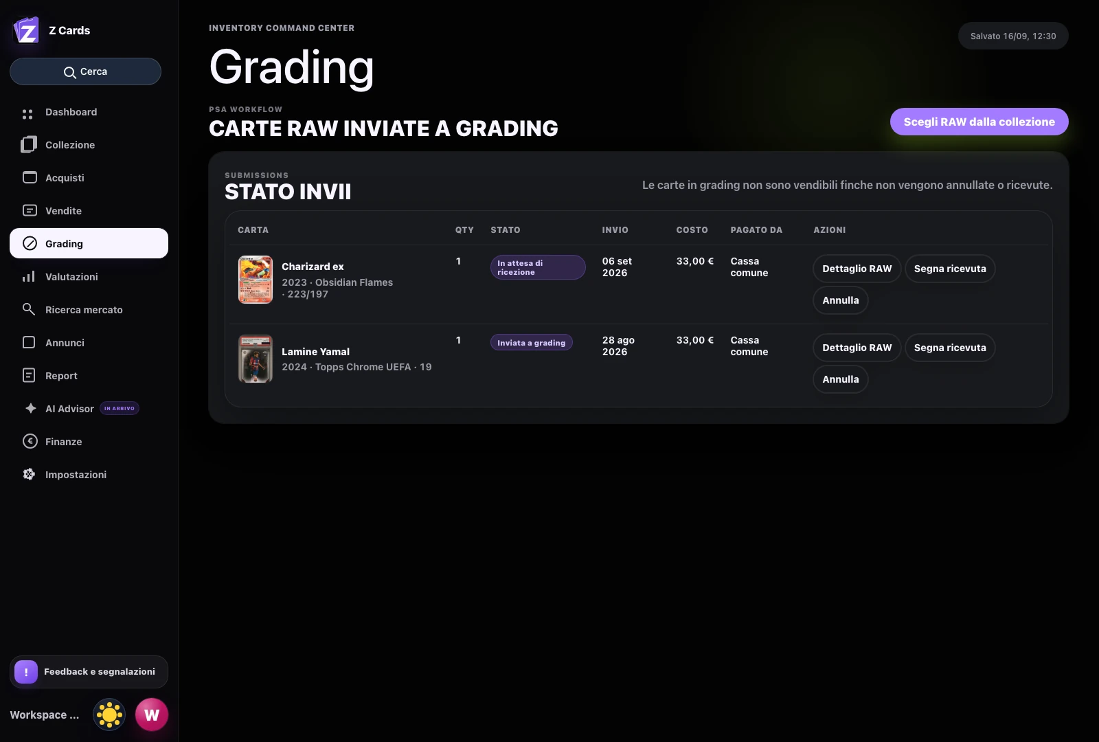 Pagina Grading reale di Z Cards con submission PSA dimostrative, date, costi e comandi per ricezione o annullamento