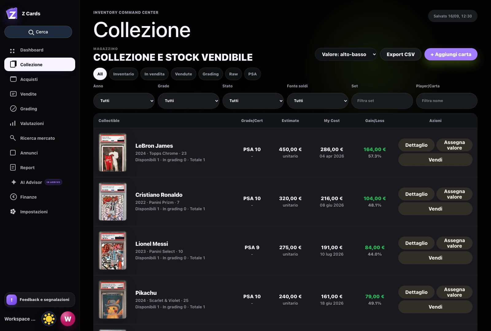 Collezione reale di Z Cards con filtri, foto, quantità disponibili, costo e valore di un workspace dimostrativo
