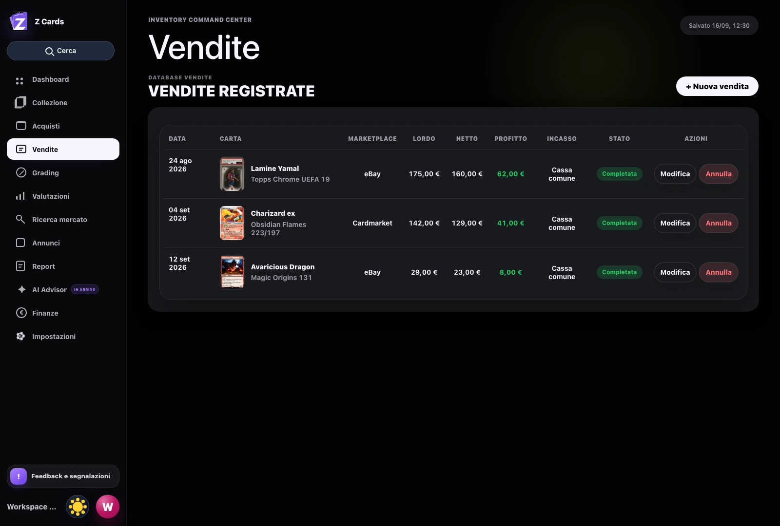 Registro Vendite reale con ricavo lordo, netto, profitto e destinatario dell’incasso dimostrativi